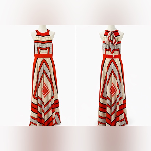 Eliza J Scarf Boho Halter Maxi Dress Red Beige Abstract Geometric Design Size 10 - Picture 4 of 17